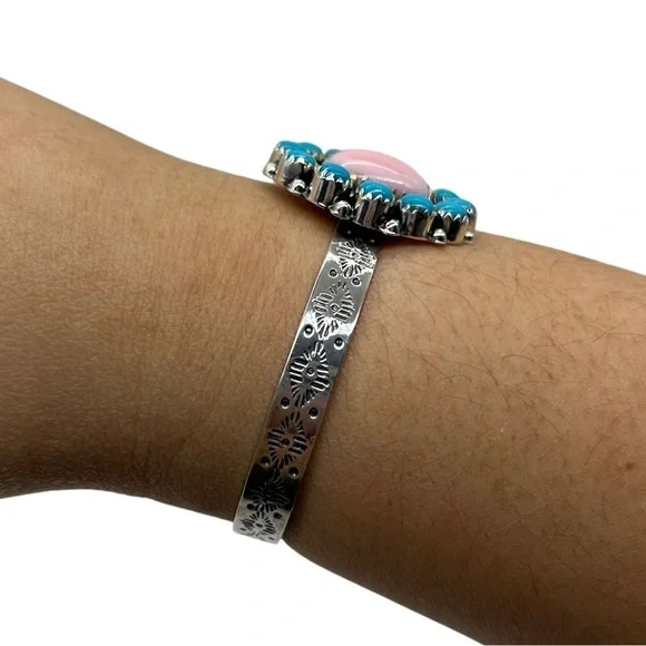 925 Sterling Silver Pink Conch & Kingman Turquoise Cuff Bracelet